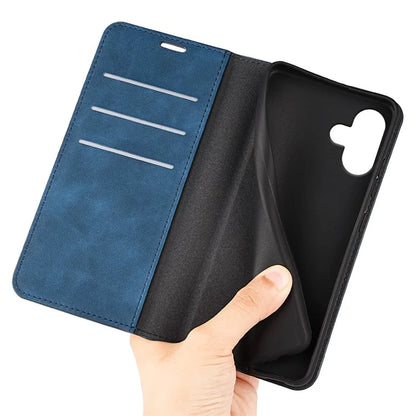 For iPhone 16 Plus Case Skin-Feel PU Leather Phone Cover Folding Stand Magnetic Absorption