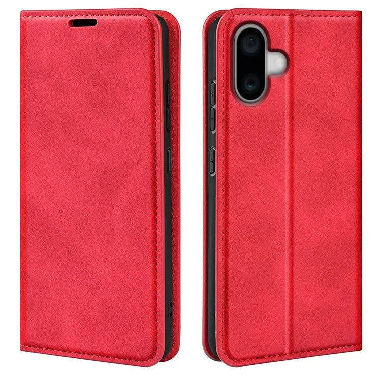 For iPhone 16 Plus Case Skin-Feel PU Leather Phone Cover Folding Stand Magnetic Absorption