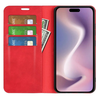 For iPhone 16 Plus Case Skin-Feel PU Leather Phone Cover Folding Stand Magnetic Absorption