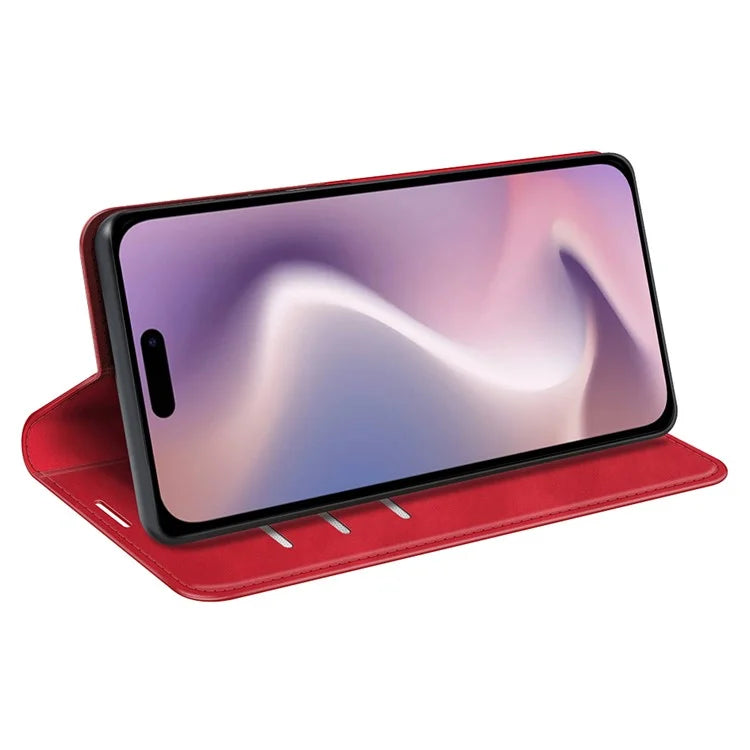 For iPhone 16 Plus Case Skin-Feel PU Leather Phone Cover Folding Stand Magnetic Absorption
