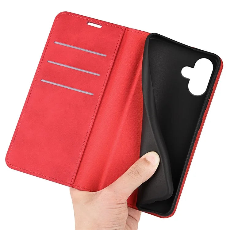 For iPhone 16 Plus Case Skin-Feel PU Leather Phone Cover Folding Stand Magnetic Absorption