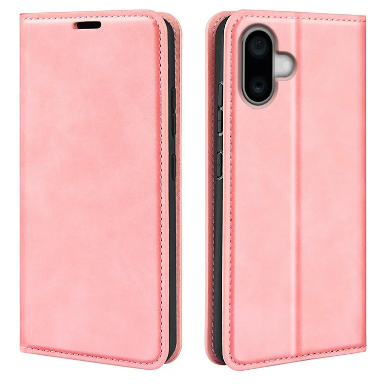 For iPhone 16 Plus Case Skin-Feel PU Leather Phone Cover Folding Stand Magnetic Absorption
