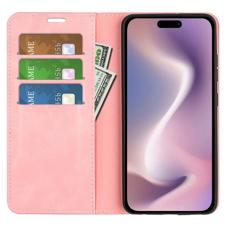 For iPhone 16 Plus Case Skin-Feel PU Leather Phone Cover Folding Stand Magnetic Absorption