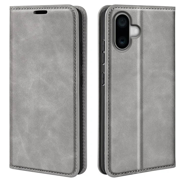 For iPhone 16 Plus Case Skin-Feel PU Leather Phone Cover Folding Stand Magnetic Absorption