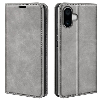 For iPhone 16 Plus Case Skin-Feel PU Leather Phone Cover Folding Stand Magnetic Absorption