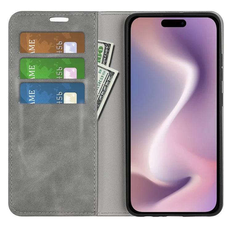 For iPhone 16 Plus Case Skin-Feel PU Leather Phone Cover Folding Stand Magnetic Absorption