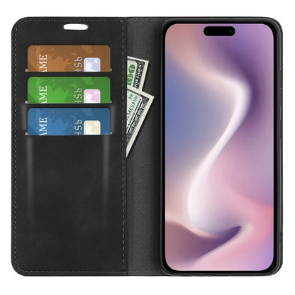 For iPhone 16 Plus Case Skin-Feel PU Leather Phone Cover Folding Stand Magnetic Absorption