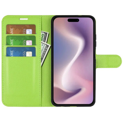 For iPhone 16 Plus Case Litchi Texture Leather Phone Cover Horizontal Viewing Stand