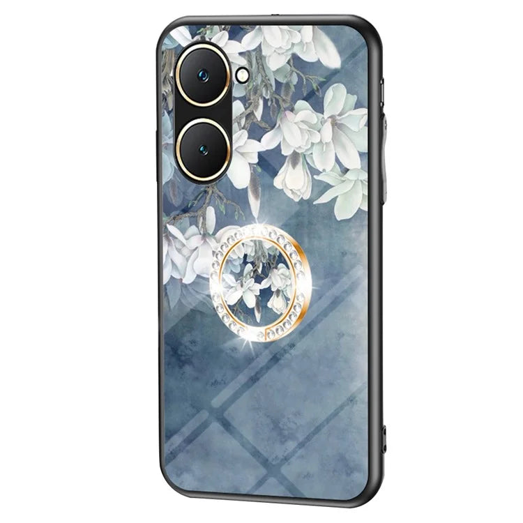 For vivo Y03 Case Tempered Glass Pattern Printing Phone Cover with Ring Kickstand