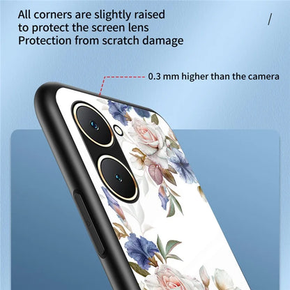 For vivo Y03 Case Tempered Glass Pattern Printing Phone Cover with Ring Kickstand