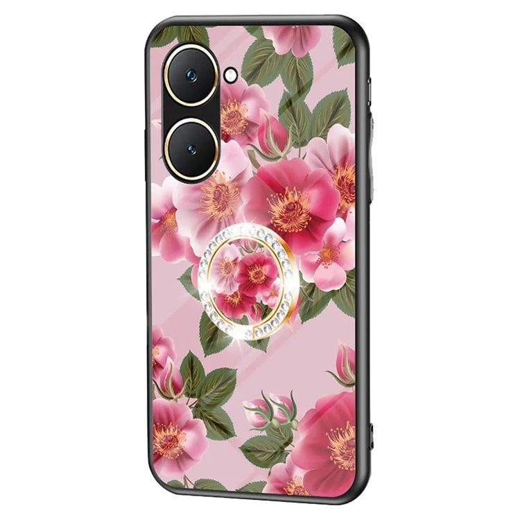 For vivo Y03 Case Tempered Glass Pattern Printing Phone Cover with Ring Kickstand