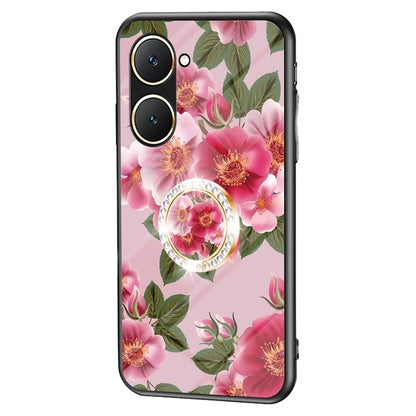 For vivo Y03 Case Tempered Glass Pattern Printing Phone Cover with Ring Kickstand