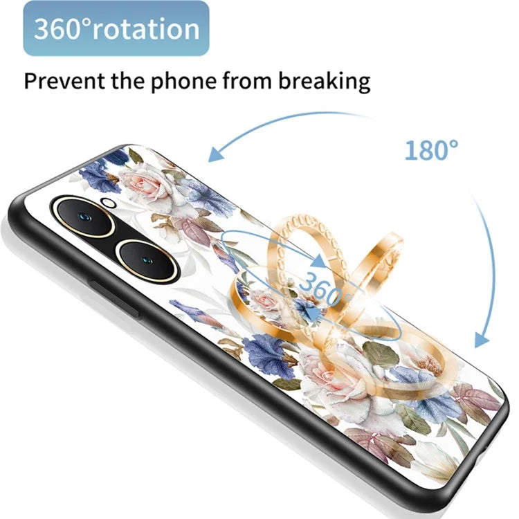 For vivo Y03 Case Tempered Glass Pattern Printing Phone Cover with Ring Kickstand