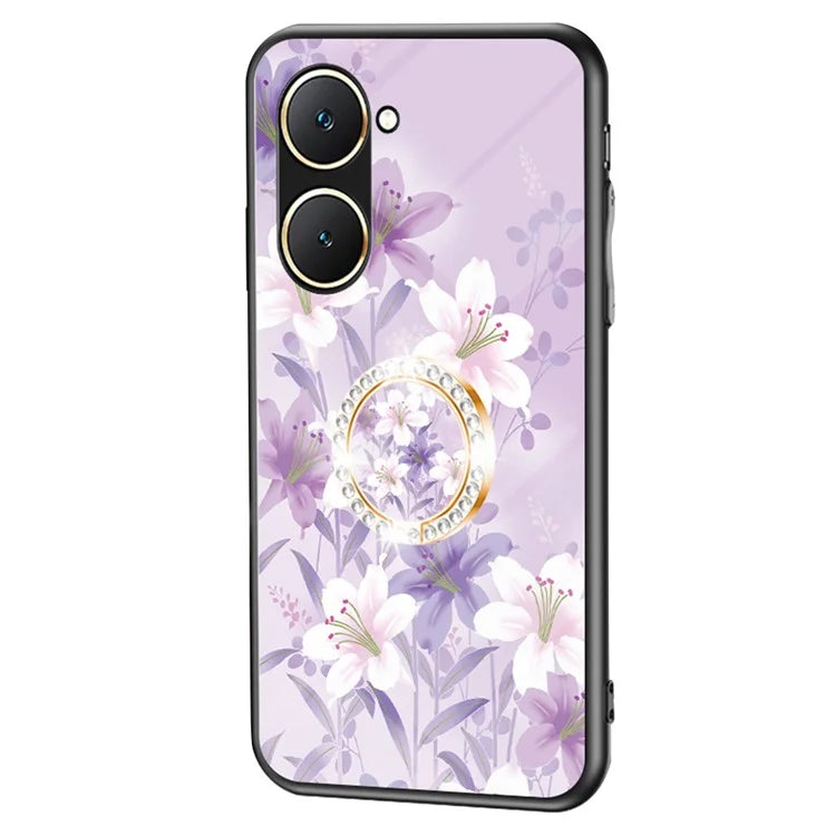 For vivo Y03 Case Tempered Glass Pattern Printing Phone Cover with Ring Kickstand