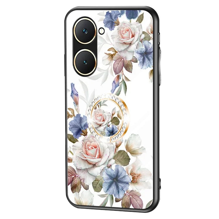 For vivo Y03 Case Tempered Glass Pattern Printing Phone Cover with Ring Kickstand