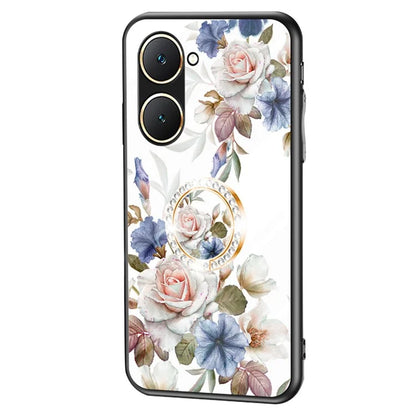 For vivo Y03 Case Tempered Glass Pattern Printing Phone Cover with Ring Kickstand