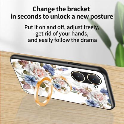 For vivo Y03 Case Tempered Glass Pattern Printing Phone Cover with Ring Kickstand