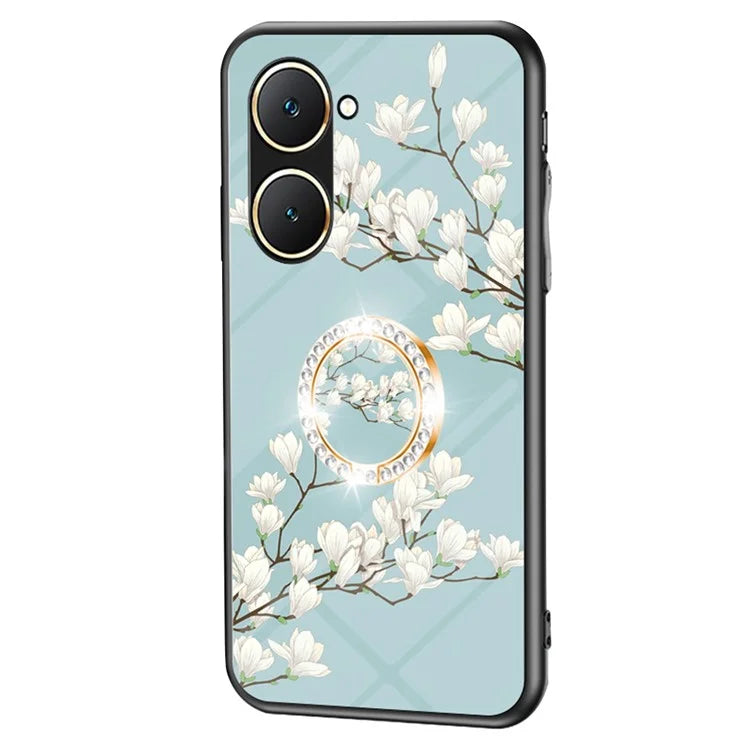 For vivo Y03 Case Tempered Glass Pattern Printing Phone Cover with Ring Kickstand