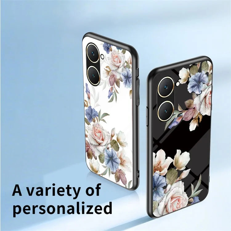 For vivo Y03 Case Tempered Glass Pattern Printing Phone Cover with Ring Kickstand
