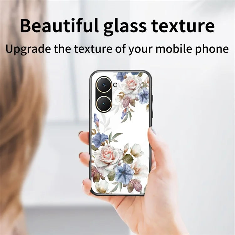 For vivo Y03 Case Tempered Glass Pattern Printing Phone Cover with Ring Kickstand