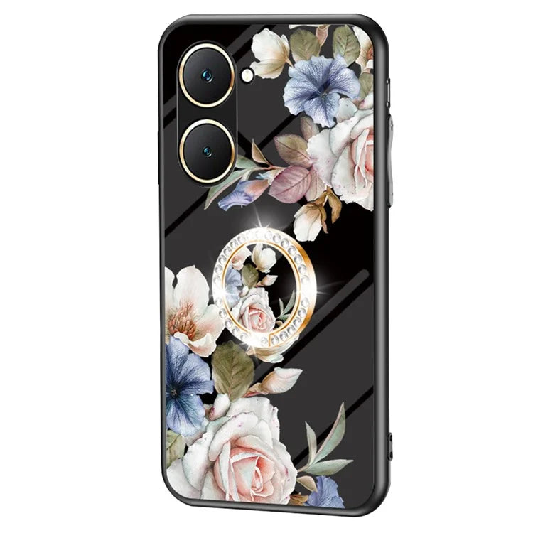 For vivo Y03 Case Tempered Glass Pattern Printing Phone Cover with Ring Kickstand