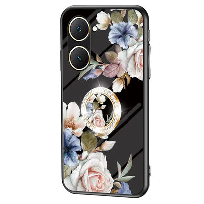 For vivo Y03 Case Tempered Glass Pattern Printing Phone Cover with Ring Kickstand