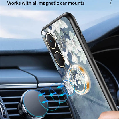 For vivo Y03 Case Tempered Glass Pattern Printing Phone Cover with Ring Kickstand