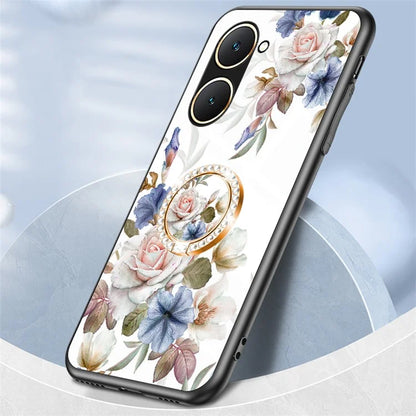 For vivo Y03 Case Tempered Glass Pattern Printing Phone Cover with Ring Kickstand