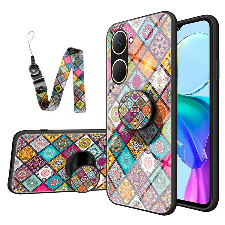 For vivo Y03 Case Kickstand Ethnic Pattern Tempered Glass+PC+TPU Phone Cover