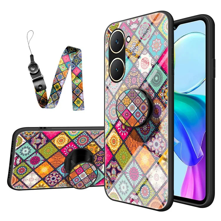 For vivo Y03 Case Kickstand Ethnic Pattern Tempered Glass+PC+TPU Phone Cover