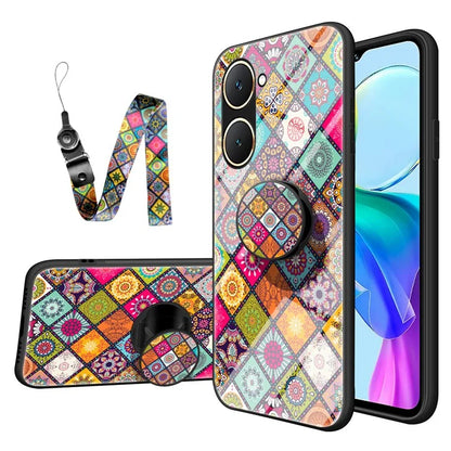 For vivo Y03 Case Kickstand Ethnic Pattern Tempered Glass+PC+TPU Phone Cover