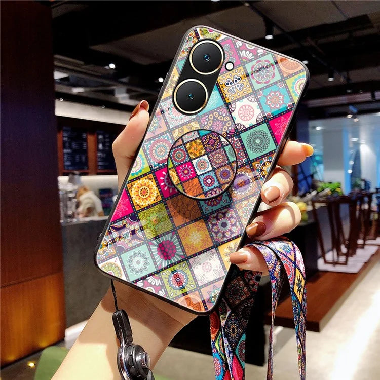 For vivo Y03 Case Kickstand Ethnic Pattern Tempered Glass+PC+TPU Phone Cover