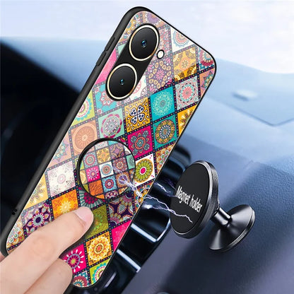 For vivo Y03 Case Kickstand Ethnic Pattern Tempered Glass+PC+TPU Phone Cover