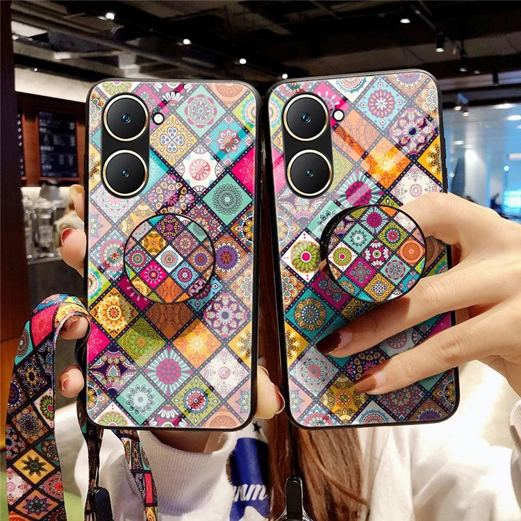For vivo Y03 Case Kickstand Ethnic Pattern Tempered Glass+PC+TPU Phone Cover