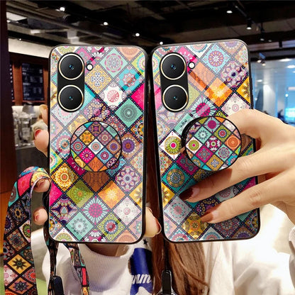 For vivo Y03 Case Kickstand Ethnic Pattern Tempered Glass+PC+TPU Phone Cover