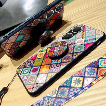 For vivo Y03 Case Kickstand Ethnic Pattern Tempered Glass+PC+TPU Phone Cover