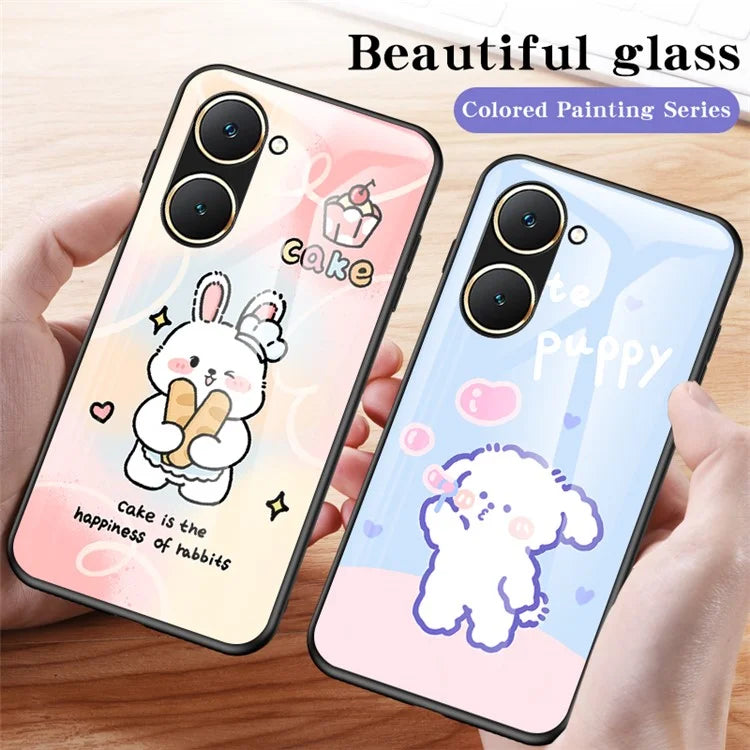 For vivo Y03 Cell Phone Case Tempered Glass Cartoon Animal Pattern Shell