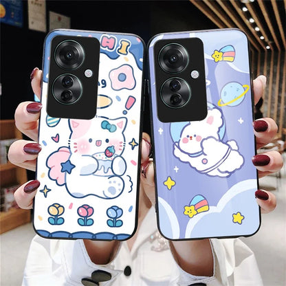 For Oppo Reno11 F 5G Case Cartoon Animal Print Tempered Glass Shockproof Phone Cover