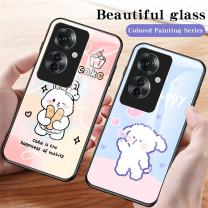 For Oppo Reno11 F 5G Case Cartoon Animal Print Tempered Glass Shockproof Phone Cover