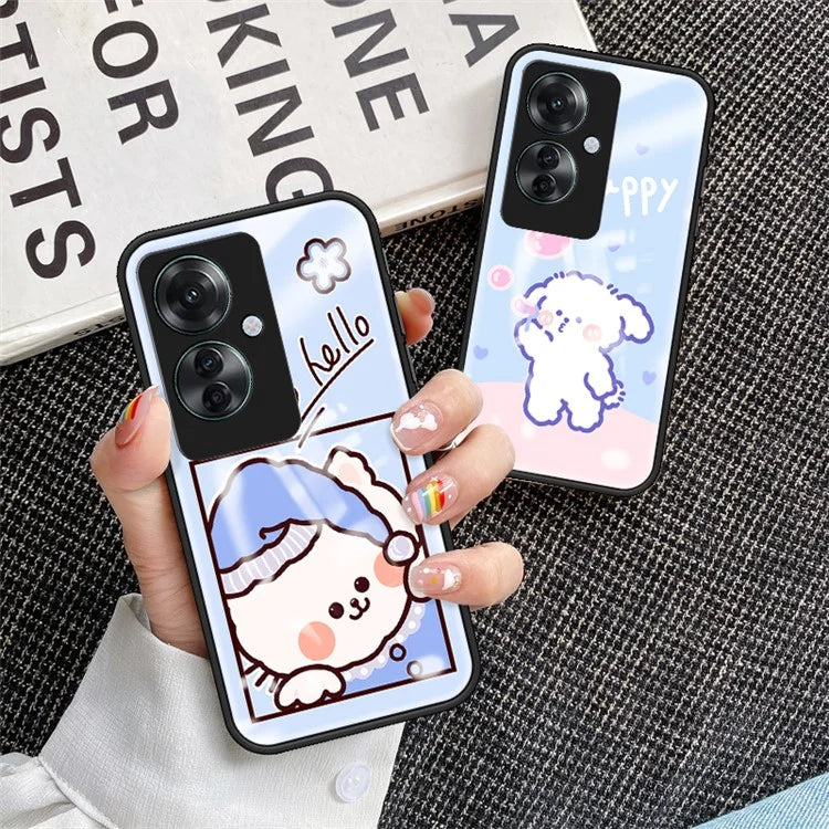 For Oppo Reno11 F 5G Case Cartoon Animal Print Tempered Glass Shockproof Phone Cover