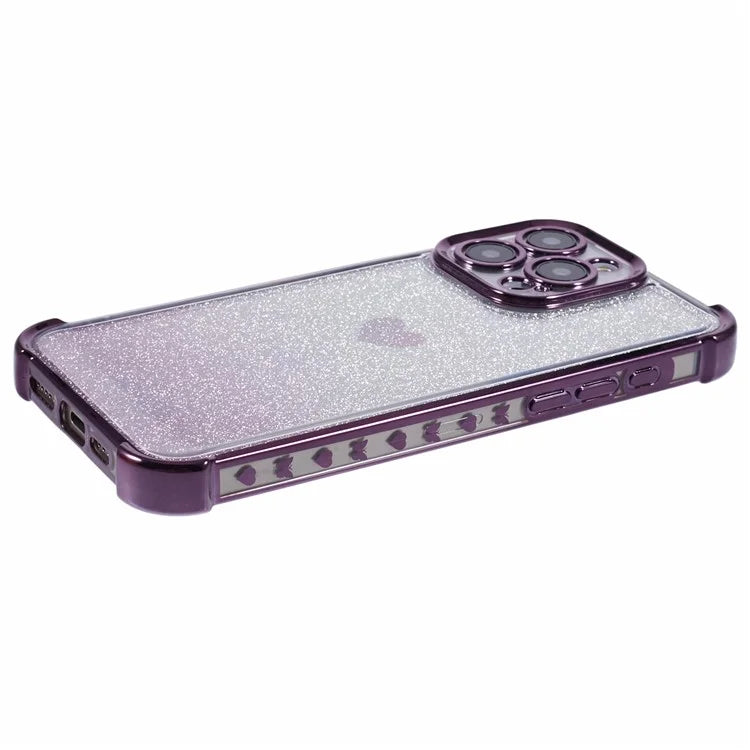 For iPhone 15 Pro Max Case Electroplating Glitter TPU Phone Cover Heart Pattern