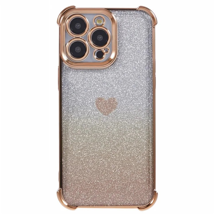For iPhone 15 Pro Max Case Electroplating Glitter TPU Phone Cover Heart Pattern