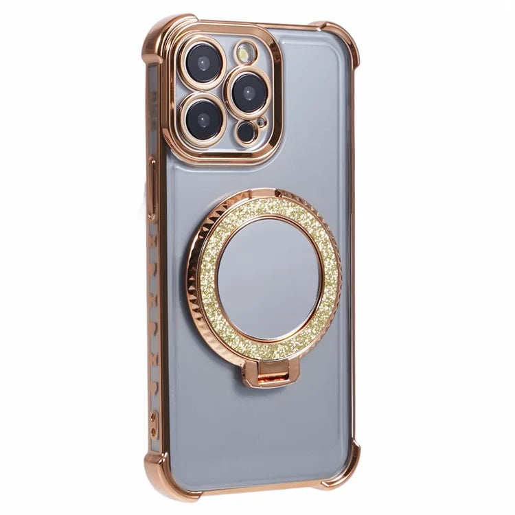 For iPhone 15 Pro Max Case Electroplating Kickstand Side Heart Pattern TPU Phone Cover