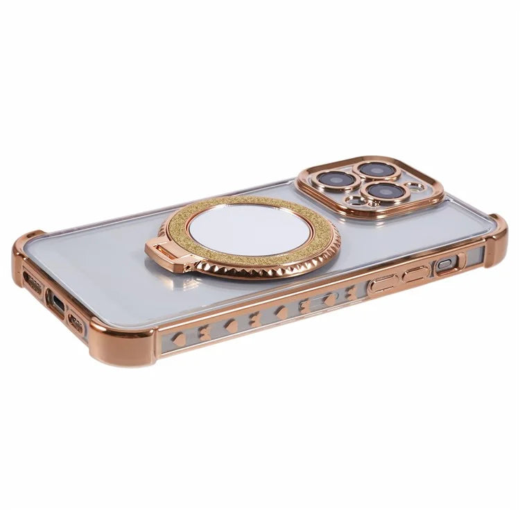 For iPhone 15 Pro Max Case Electroplating Kickstand Side Heart Pattern TPU Phone Cover