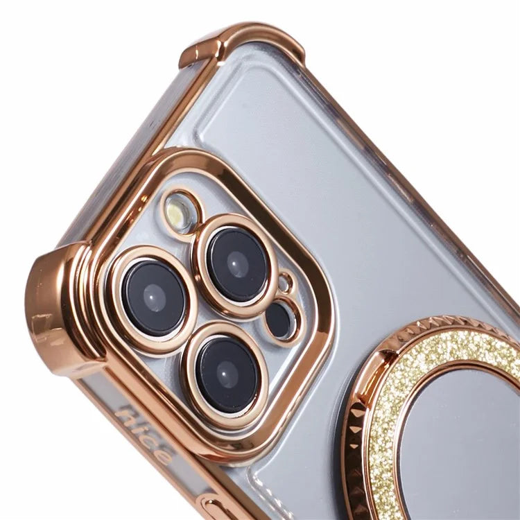 For iPhone 15 Pro Max Case Electroplating Kickstand Side Heart Pattern TPU Phone Cover
