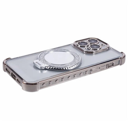 For iPhone 15 Pro Max Case Electroplating Kickstand Side Heart Pattern TPU Phone Cover