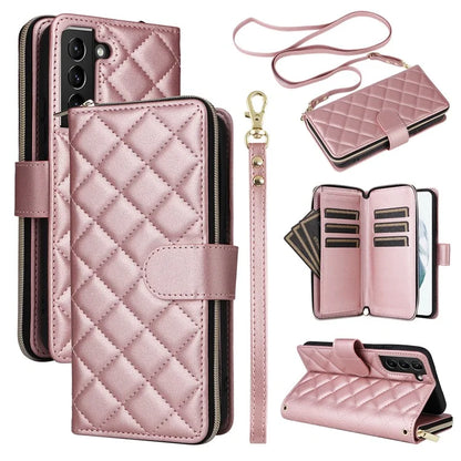 For Samsung Galaxy S21+ 5G Case Rhombus Leather Phone Cover with Zipper Pocket and Straps