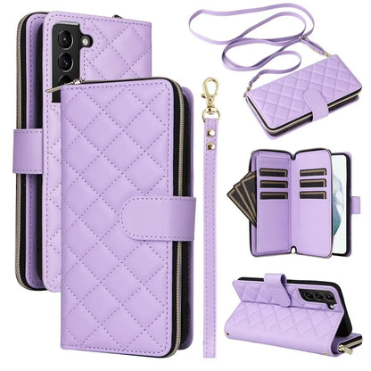 For Samsung Galaxy S21+ 5G Case Rhombus Leather Phone Cover with Zipper Pocket and Straps