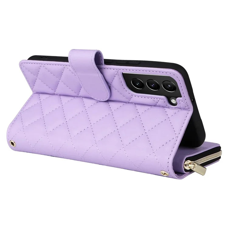 For Samsung Galaxy S21+ 5G Case Rhombus Leather Phone Cover with Zipper Pocket and Straps