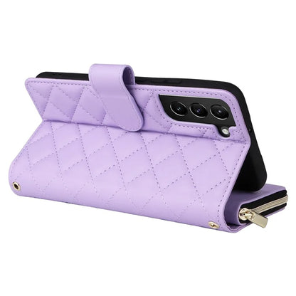 For Samsung Galaxy S21+ 5G Case Rhombus Leather Phone Cover with Zipper Pocket and Straps